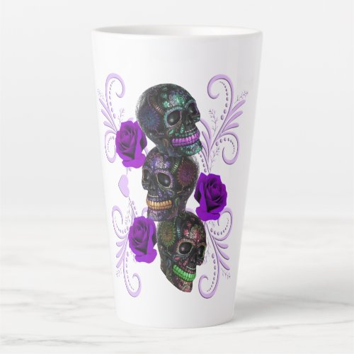 Triple Black Day Of The Dead Skulls Purple Roses Latte Mug