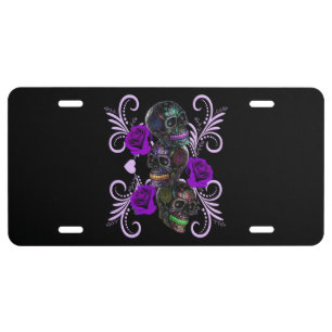 Triple Black Day Of The Dead Skulls Purple Roses License Plate