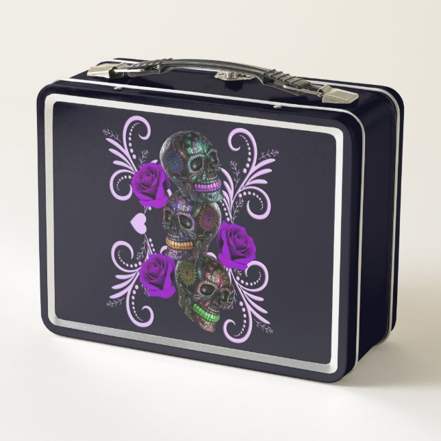Triple Black Day Of The Dead Skulls Purple Roses Metal Lunch Box (Back)