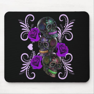 Triple Black Day Of The Dead Skulls Purple Roses Mouse Pad