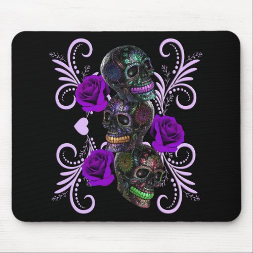 Triple Black Day Of The Dead Skulls Purple Roses Mouse Pad