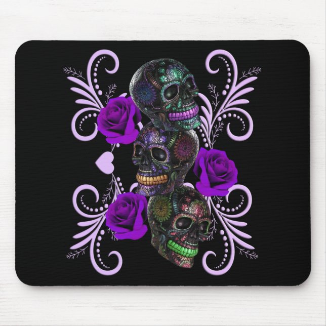 Triple Black Day Of The Dead Skulls Purple Roses Mouse Pad (Front)