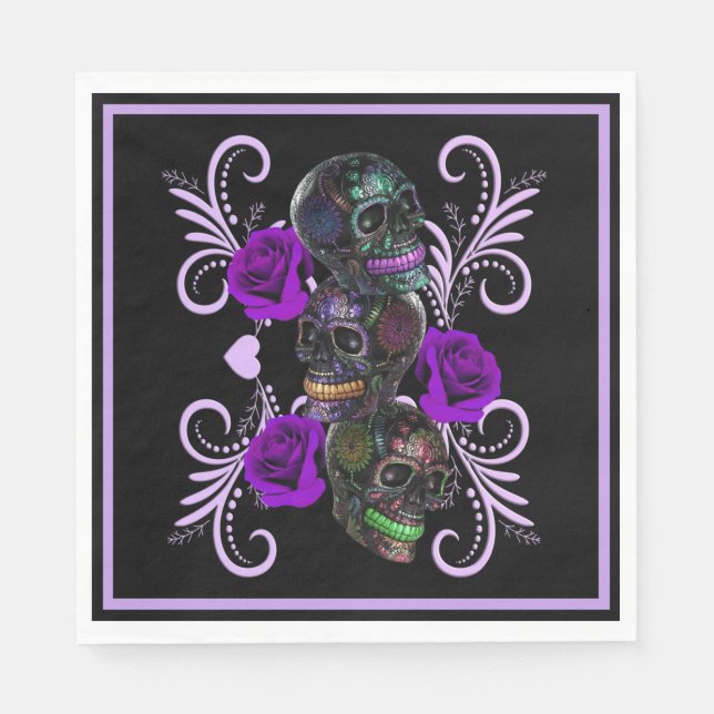 Triple Black Day Of The Dead Skulls Purple Roses Napkins (Front)
