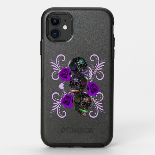 Triple Black Day Of The Dead Skulls Purple Roses OtterBox Symmetry iPhone 11 Case