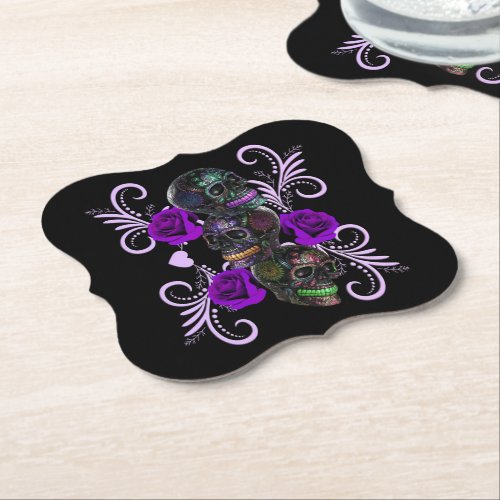 Triple Black Day Of The Dead Skulls Purple Roses Paper Coaster