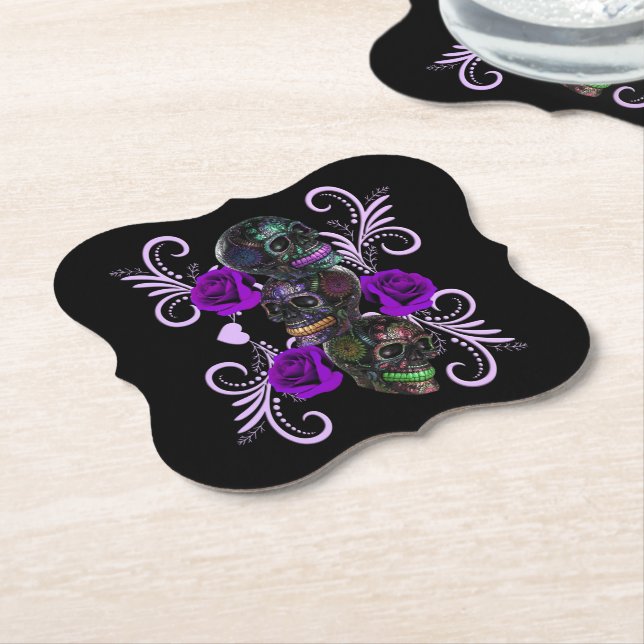 Triple Black Day Of The Dead Skulls Purple Roses Paper Coaster (Angled)