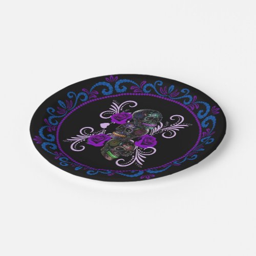 Triple Black Day Of The Dead Skulls Purple Roses Paper Plates