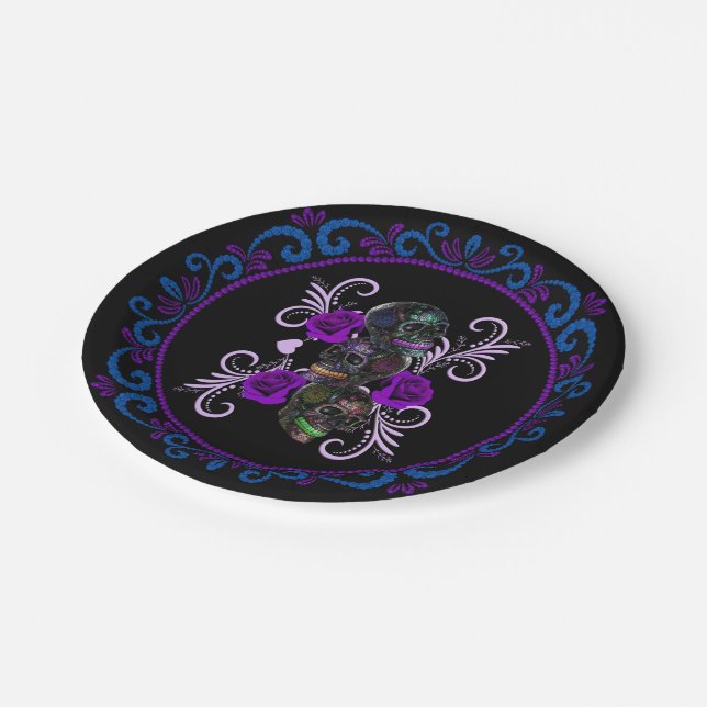 Triple Black Day Of The Dead Skulls Purple Roses Paper Plates (Angled)