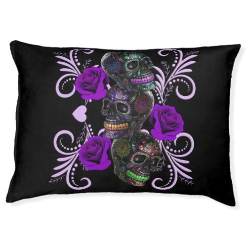Triple Black Day Of The Dead Skulls Purple Roses Pet Bed