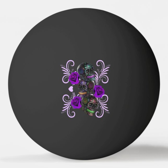 Triple Black Day Of The Dead Skulls Purple Roses Ping Pong Ball (Front)