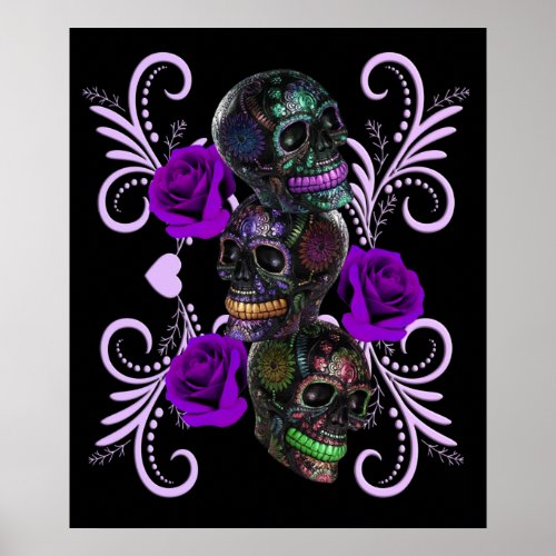 Triple Black Day Of The Dead Skulls Purple Roses Poster