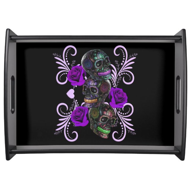 Triple Black Day Of The Dead Skulls Purple Roses Serving Tray (Front)