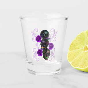 Triple Black Day Of The Dead Skulls Purple Roses Shot Glass