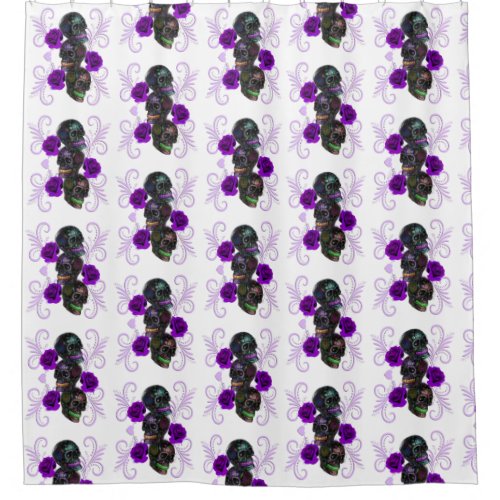 Triple Black Day Of The Dead Skulls Purple Roses Shower Curtain