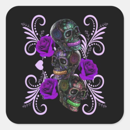 Triple Black Day Of The Dead Skulls Purple Roses Square Sticker