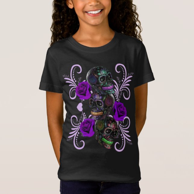 Triple Black Day Of The Dead Skulls Purple Roses T-Shirt (Front)