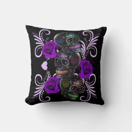 Triple Black Day Of The Dead Skulls Purple Roses Throw Pillow