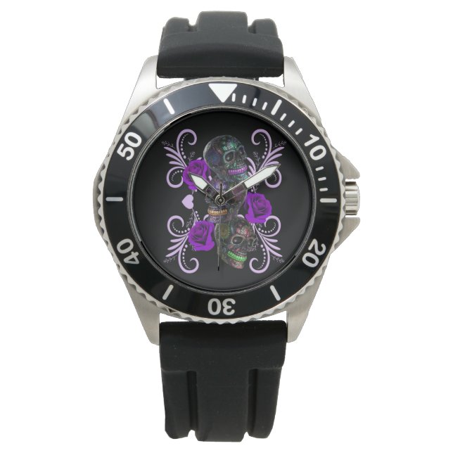 Triple Black Day Of The Dead Skulls Purple Roses Watch (Front)
