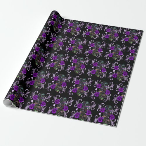 Triple Black Day Of The Dead Skulls Purple Roses Wrapping Paper