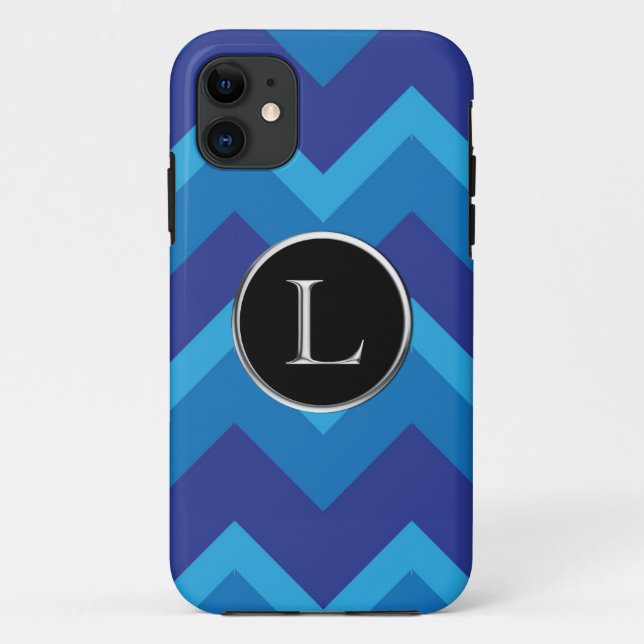 Triple Blue Chevron L Silver Caslon Monogram Case-Mate iPhone Case (Back)