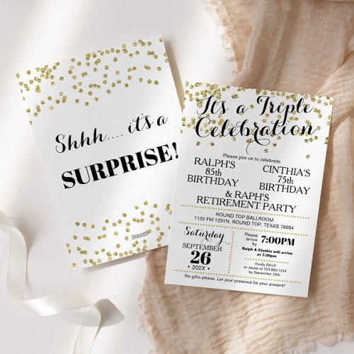 Triple Celebration Confetti Faux Gold Invitation