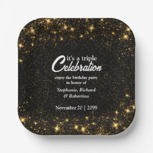 Triple Celebration Joint Birthday Gold Black Paper Plates