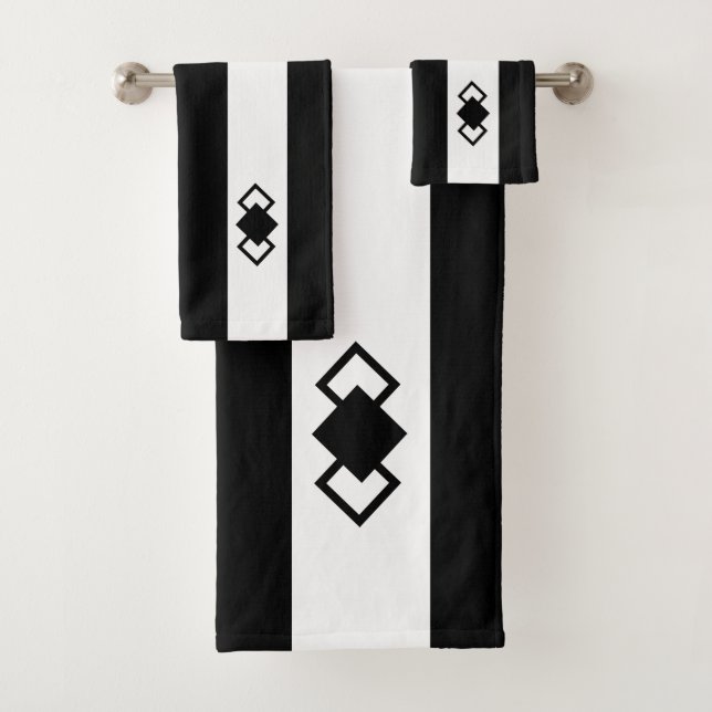 Triple Diamond on Black & White Striped Bath Towel Set (Insitu)
