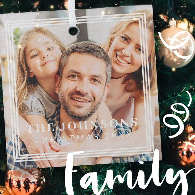 Triple Frame Modern Chic Family Photo Holiday Glass Ornament (Creator Uploaded)