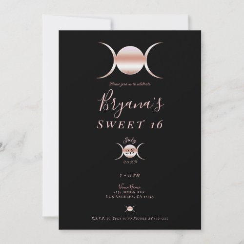 Triple Goddess Moon Cycle Pink  Black Sweet 16  Invitation