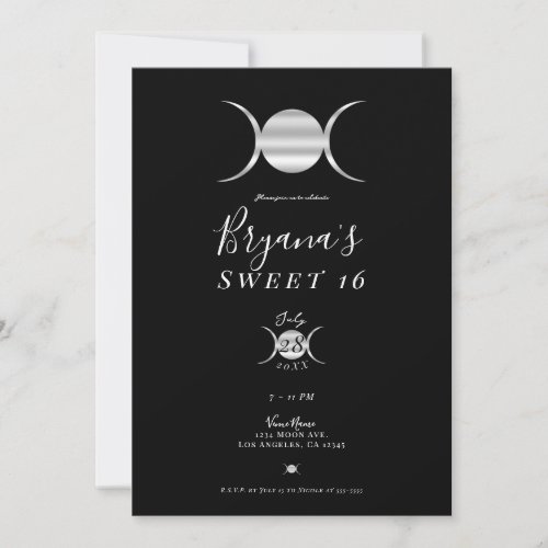 Triple Goddess Moon Cycle Silver  Black Sweet 16 Invitation