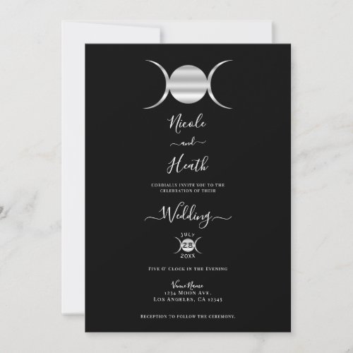 Triple Goddess Moon Cycle Silver  Black Wedding  Invitation