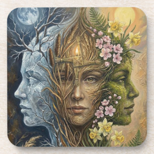 Triple Goddess Winter to Spring Imbolc Fantasy Art Beverage Coaster