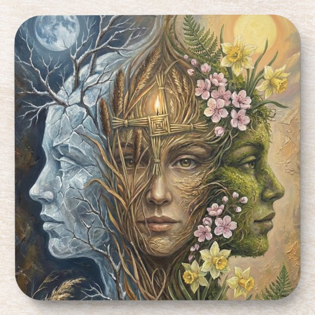 Triple Goddess Winter to Spring Imbolc Fantasy Art Beverage Coaster (Front)