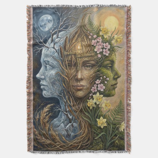 Triple Goddess Winter to Spring Imbolc Fantasy Art Throw Blanket (Front Vertical)