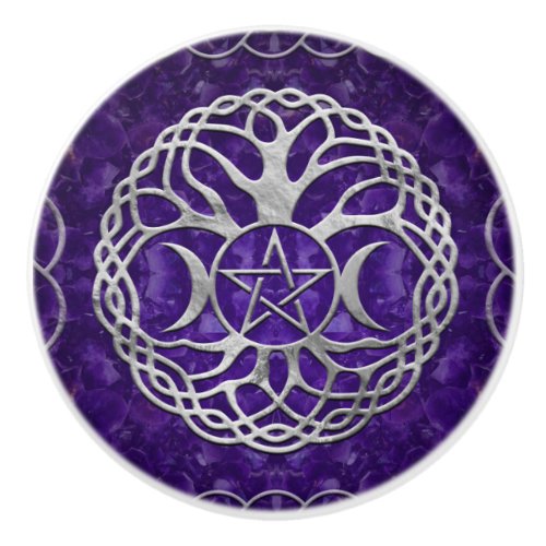 Triple Goddess with pentagram and tree of life Ceramic Knob