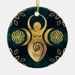 Triple Goddess with triskele - gold and green Ceramic Ornament