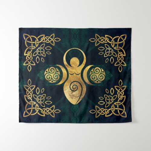 Triple Goddess with triskele _ gold and green Tape Tapestry