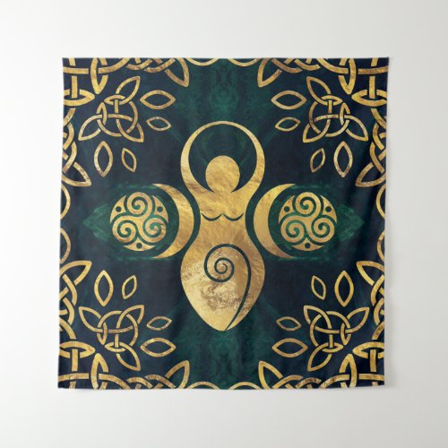 Triple Goddess with triskele _ gold and green Tapestry