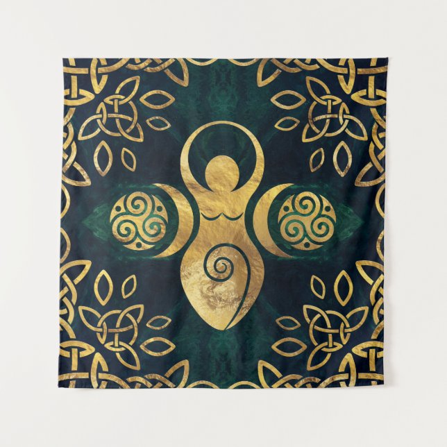 Triple Goddess with triskele - gold and green Tapestry (Front)