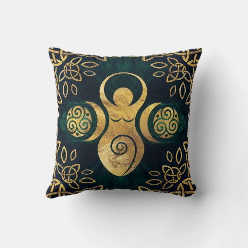 Triple Goddess with triskele - gold and green Throw Pillow | Zazzle