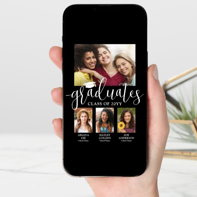 Triple Graduation Photo Collage Black White Joint Announcement (Front Digital)