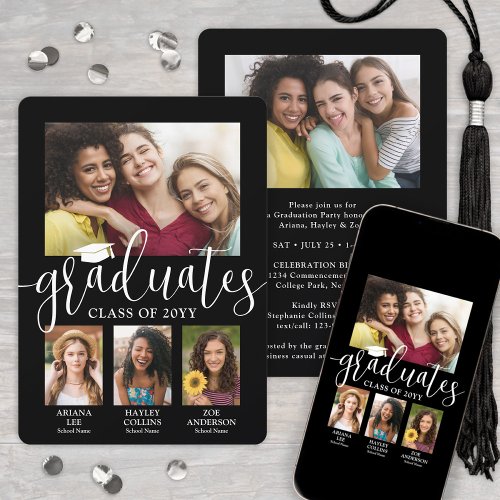 Triple Graduation Photo Collage Black White Joint Announcement