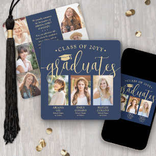 Triple Graduation Photo Collage Navy & Gold Joint Announcement