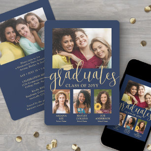 Triple Graduation Photo Collage Navy & Gold Joint Announcement