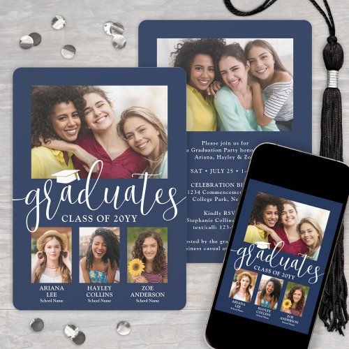 Triple Graduation Photo Collage Navy  White Joint Announcement