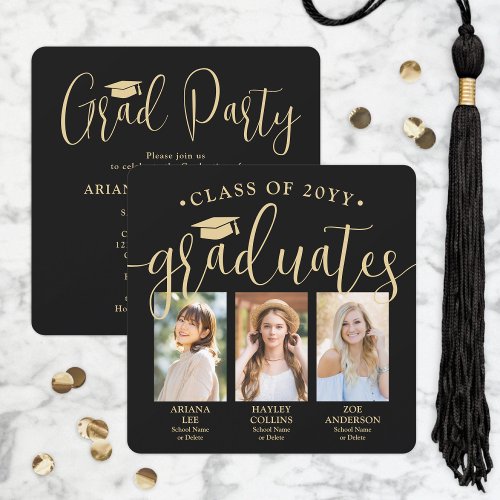 Triple Graduation Photos Black  Gold Joint Party Invitation