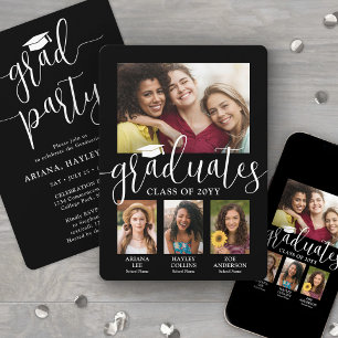 Triple Graduation Photos Black & White Joint Party Invitation