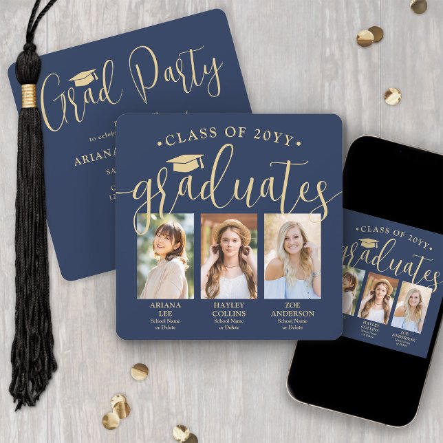 Triple Graduation Photos Navy & Gold Joint Party Invitation (Creator Uploaded)