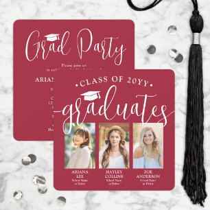 Triple Graduation Photos Red and White Joint Party Invitation