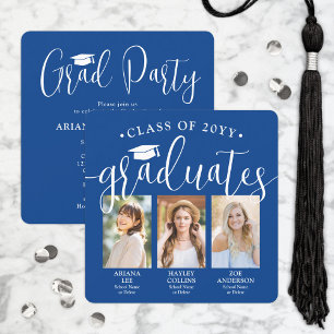 Triple Graduation Photos Royal Blue Joint Party Invitation